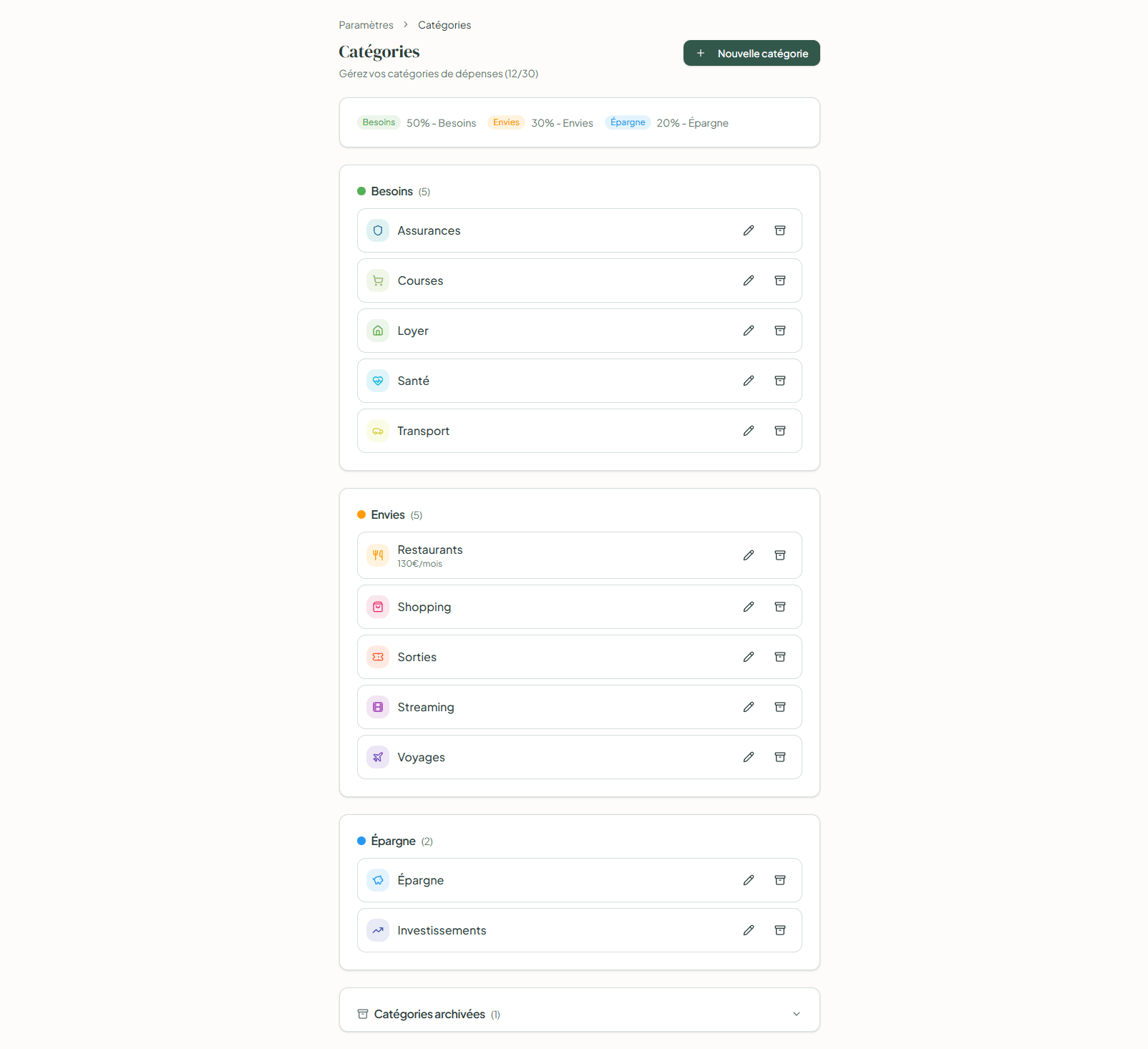 Catégories personnalisées