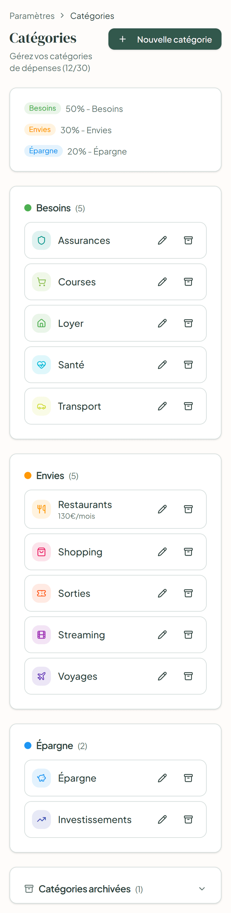 Catégories personnalisées